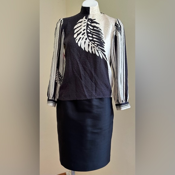 Lloyd Williams Delicate Vintage Black White Leaf Print 100% Silk Top Blouse SZ 4 - Picture 2 of 15